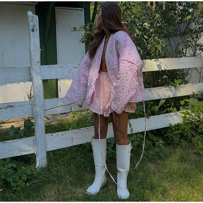 Floral Printed Women's Cardigan Cute Lace up Pink Women Coat Casual Loose Autumn Warm Coats Fashion New Ladies Coats Outerwear