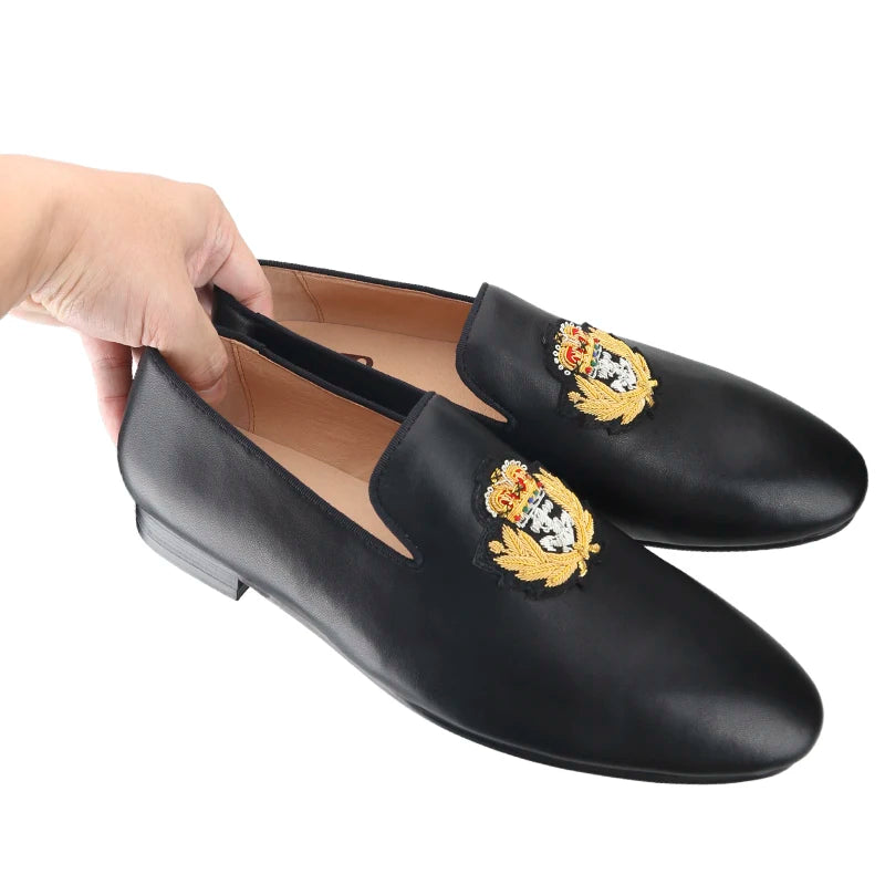 Piergitar Summer New Arrival Cow Leather Men Loafers With Luxurious Royal Style Gold Embroidery For Party Handmade Slip-On Shoes