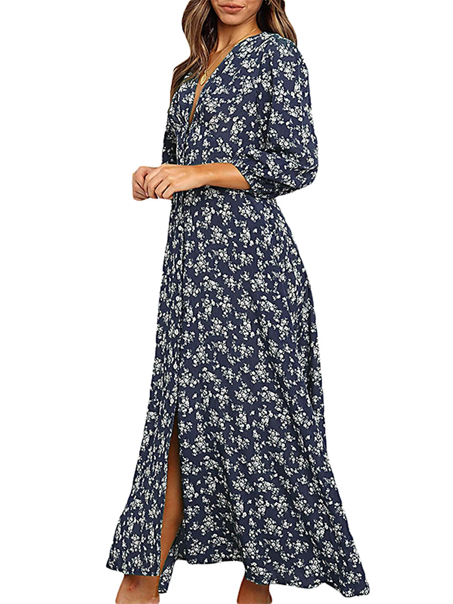 Women's Summer Bohemian Floral Print Long Maxi Dress Retro 3/4 Sleeve V-Neck Button Down High Waist Sundress Streetwear