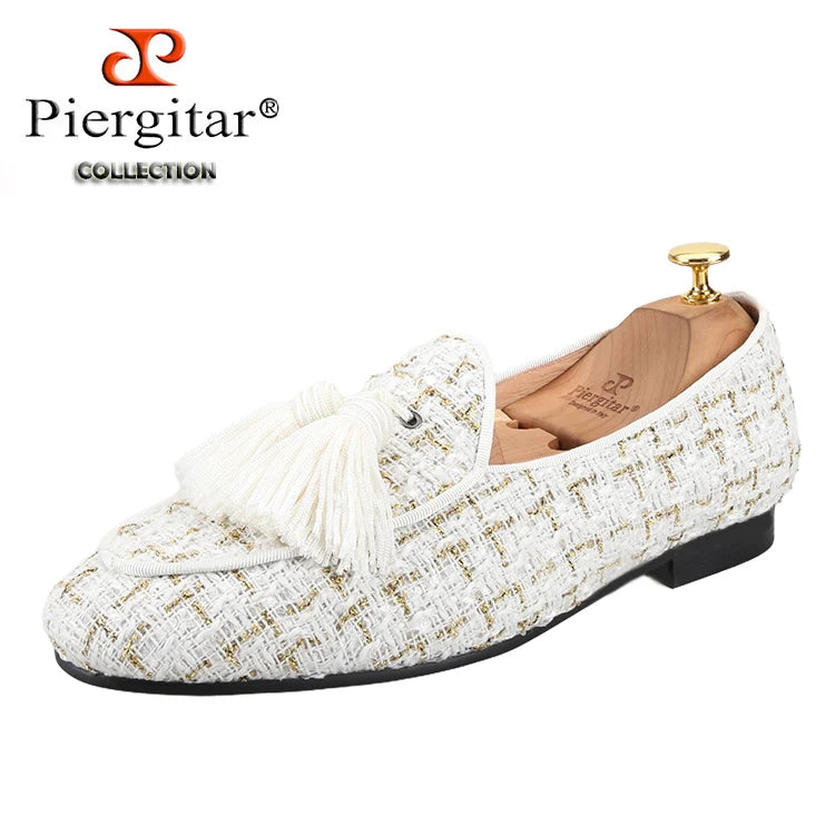 Piergitar 2025 White And Black Colors Tweed Men's Loafers With Handmade Tassels British Classic Style Slip-On Smoking Slippers