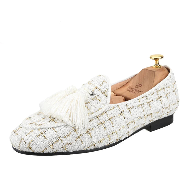 The British Classic style slip-on smoking slippers in White and Black Tweed with Handmade Tassels.