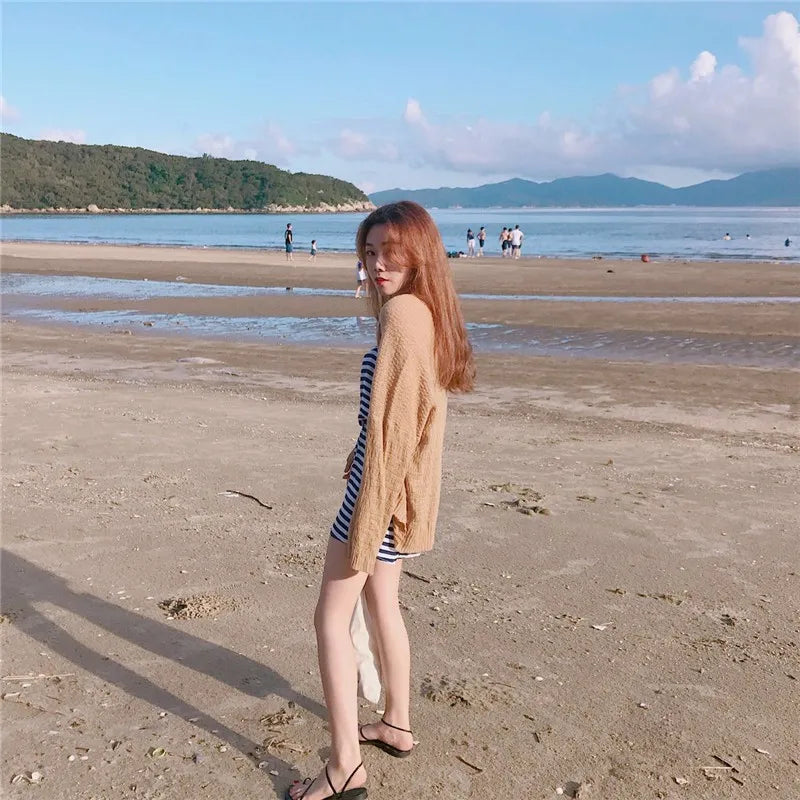 Women Women's Korean College Style Lazy Loose Sunscreen Cardigan Summer Sexy Knitting Cardigan One Size