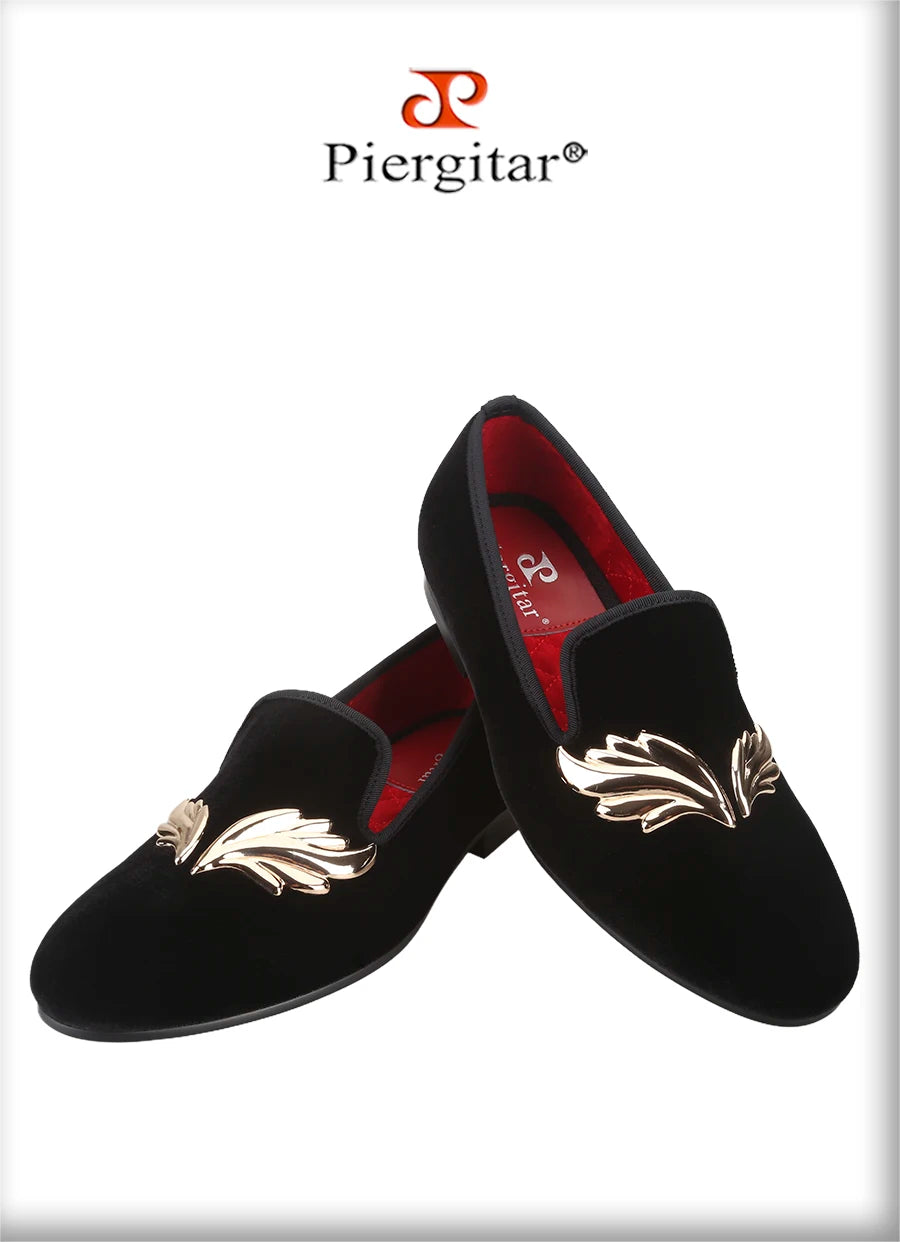 Piergitar Handcraft Black Velvet Slip-On Shoes With Gold Wings Metal Buckles For Wedding And Prom Classic Style Men's Loafers