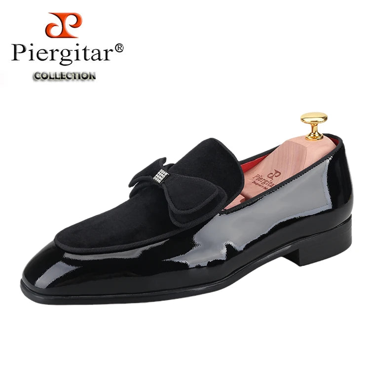 Piergitar Black Patent Leather Patchwork Velvet Men's Loafers Handmade Bow Tie Moccasins British Classic Style Smoking Slippers