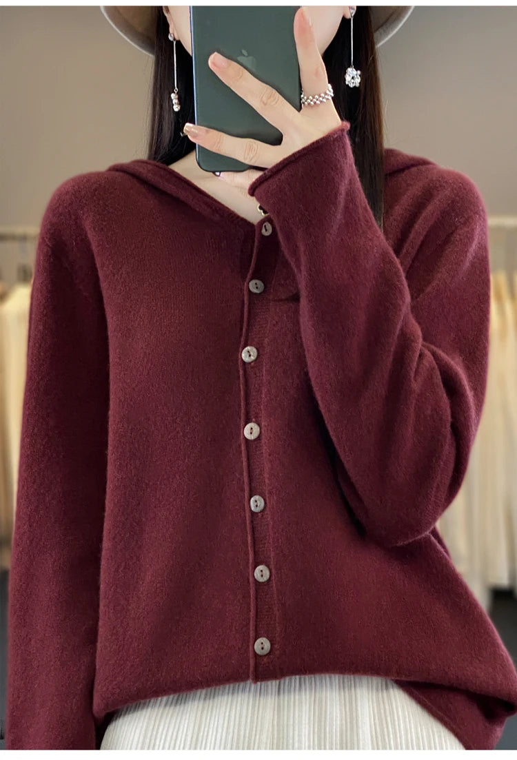 First Line 100% Merino Wool Knitted Cardigan Women's Autumn And Winter Hoodie Loose Sweater Fashionable Versatile Coat Top YC014