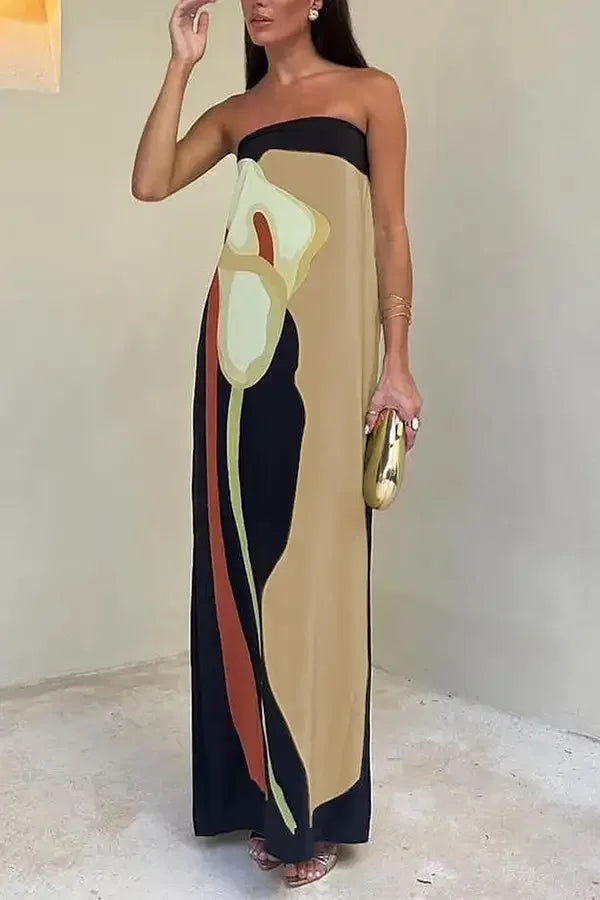 Tube Bodycon Dress Women Elegant Avocado Print Strapless Elegant Maxi Dress Sleeveless Holiday Robes Summer Chic Long Dress