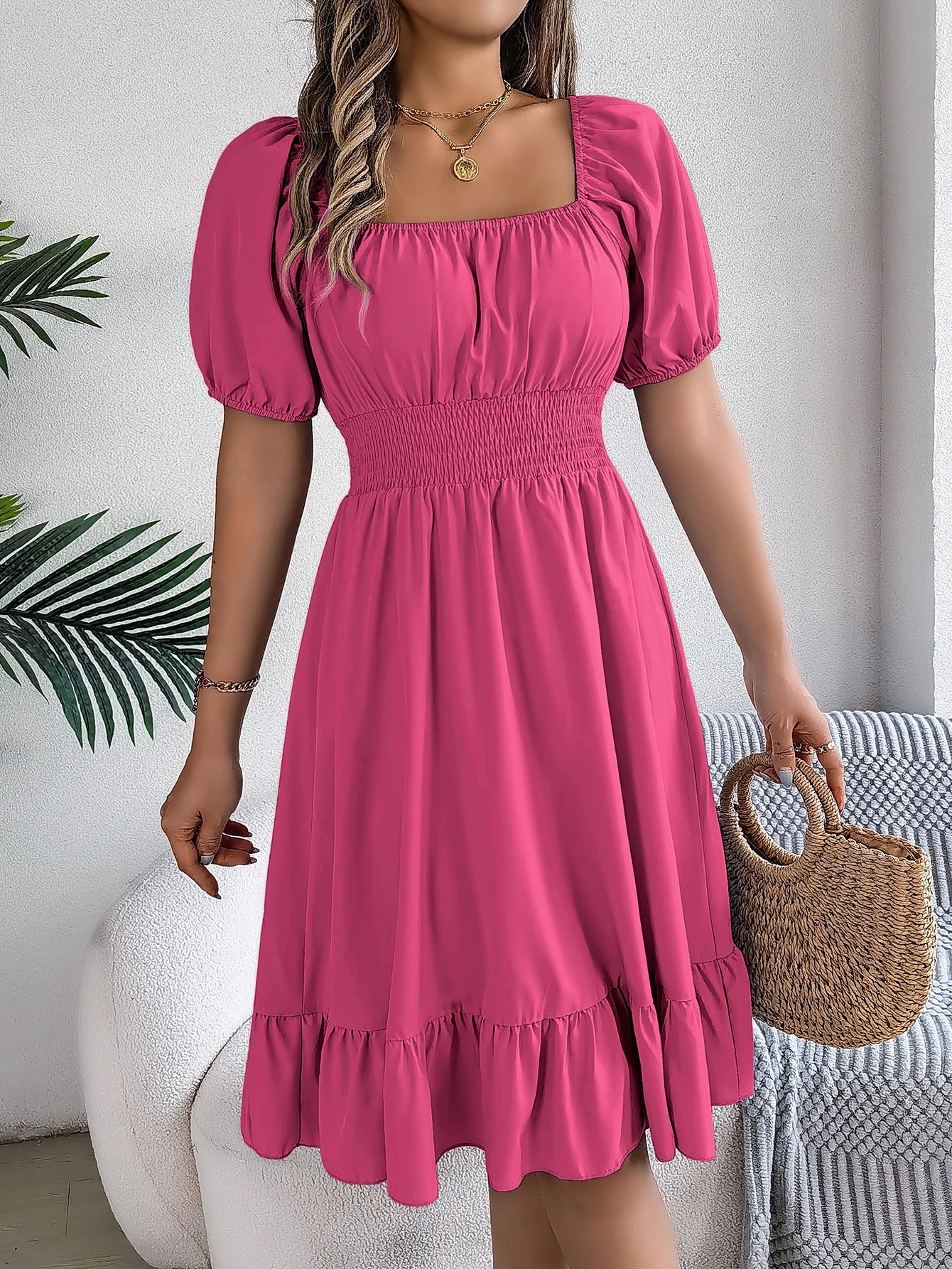 2024 New Fashion Solid Puff Sleeve Square Neck Ruched Bust Ruffle Hem Wasit Dress, Women's Clothing