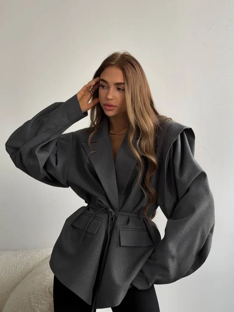 Trendy Lace-up Waist Cinching Blazer Woman Casual V-neck Solid Office Outerwear 2025 Autumn New Commute Long Sleeve Short Coats
