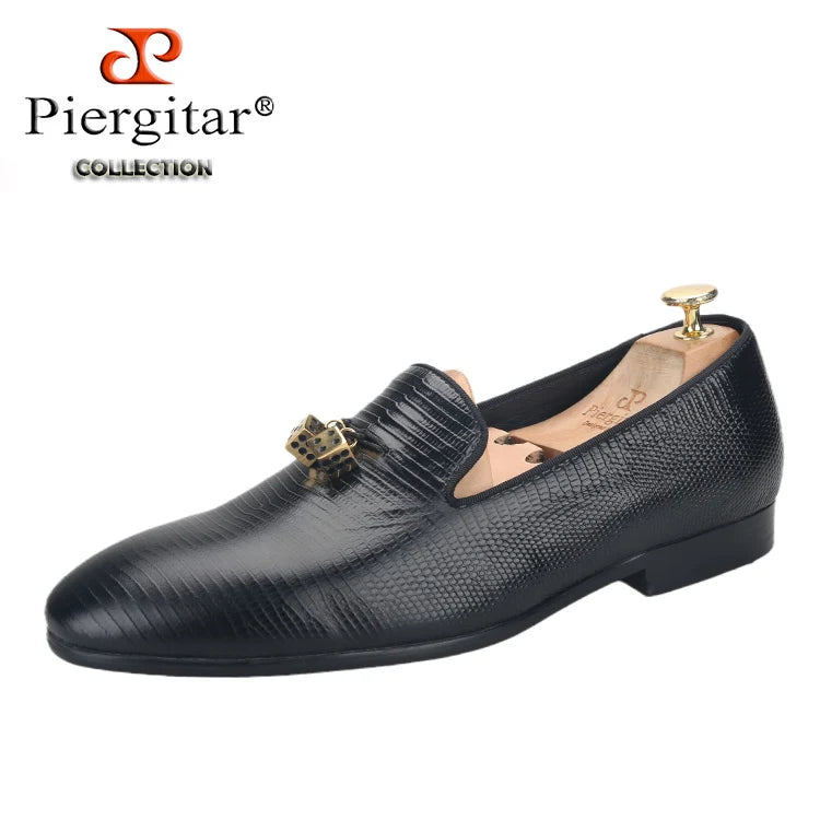 Piergitar Black Lizard Embossed Leather Men Loafers With Gold Titanium Steel Dice Buckle Tassels GZ Same Design Slip-On Moccasin