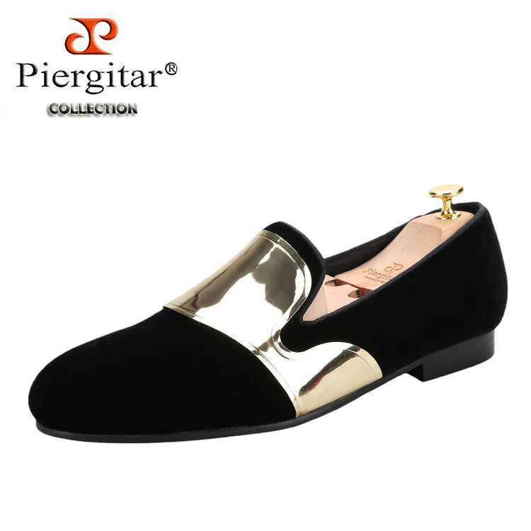 Piergitar Handmade Men Velvet Shoes With Across Gold Metal Buckles For Formal Suit Wear Fashion Party Slip-On Loafers Plus SIze