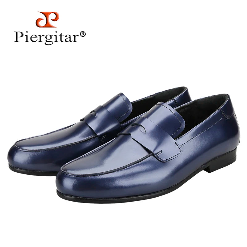 Piergitar Navy-Purple Smooth Genuine Leather Men's Penny Loafers Handmade Slip-On Male Flat Shoes For Party/Wedding Suit Wear
