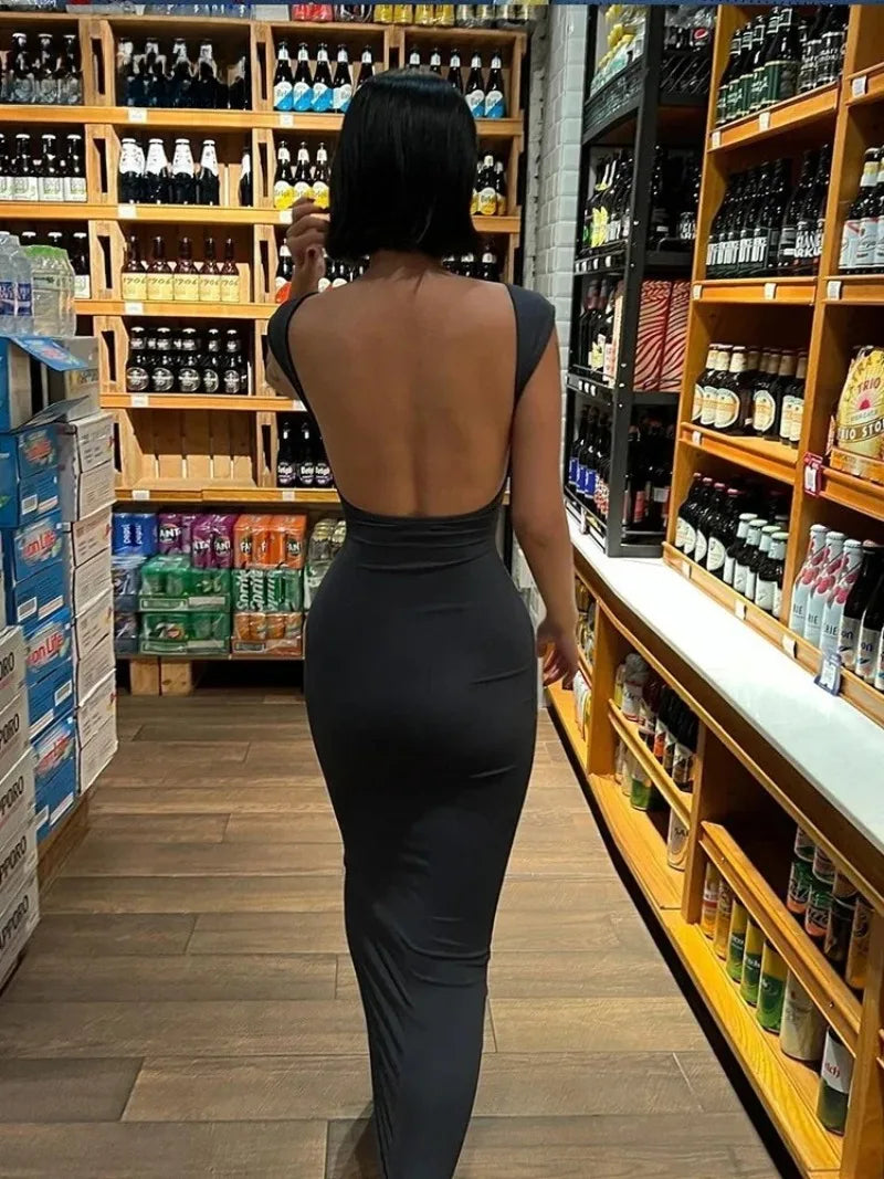 Women's Solid Sexy Backless Maxi Dress Elastic Short Sleeve Long Dresses