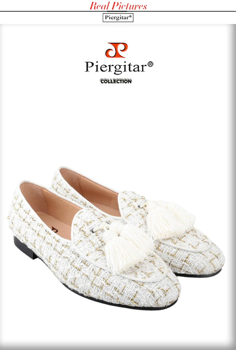 Piergitar 2025 White And Black Colors Tweed Men's Loafers With Handmade Tassels British Classic Style Slip-On Smoking Slippers