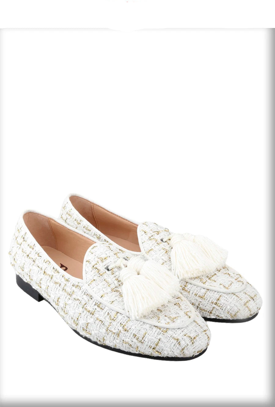 The British Classic style slip-on smoking slippers in White and Black Tweed with Handmade Tassels.