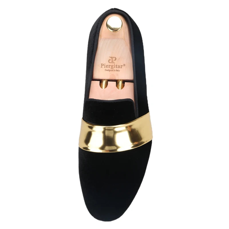 Piergitar New Style Handmade Men Velvet Loafers With Gold Patent Leather Crossbands Fashion Party And Wedding Male Dress Shoes