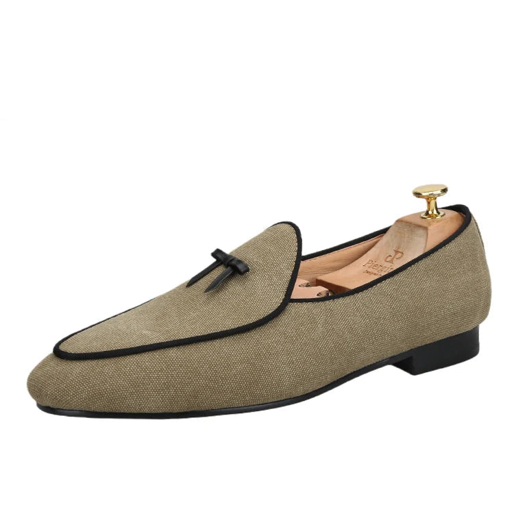 Three Colors Raw Canvas Belgian loafers with Calfskin Bows, Handmade Slip On Classic Mens Smoking Slippers