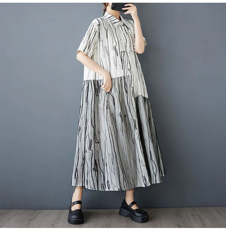 Stripe Print Mid Length Buttoned Midi Dress