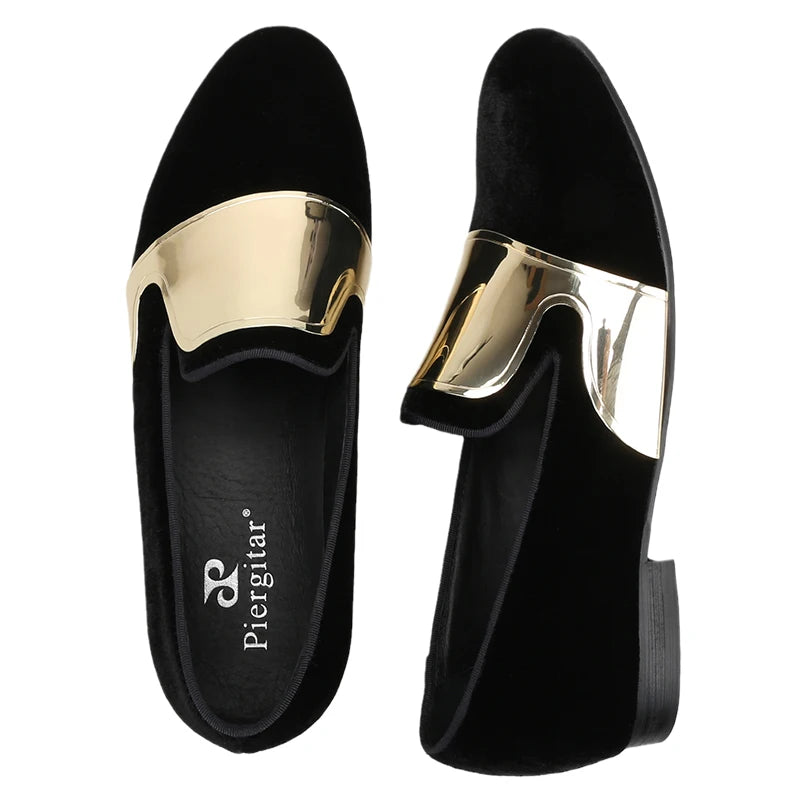 Piergitar Handmade Men Velvet Shoes With Across Gold Metal Buckles For Formal Suit Wear Fashion Party Slip-On Loafers Plus SIze