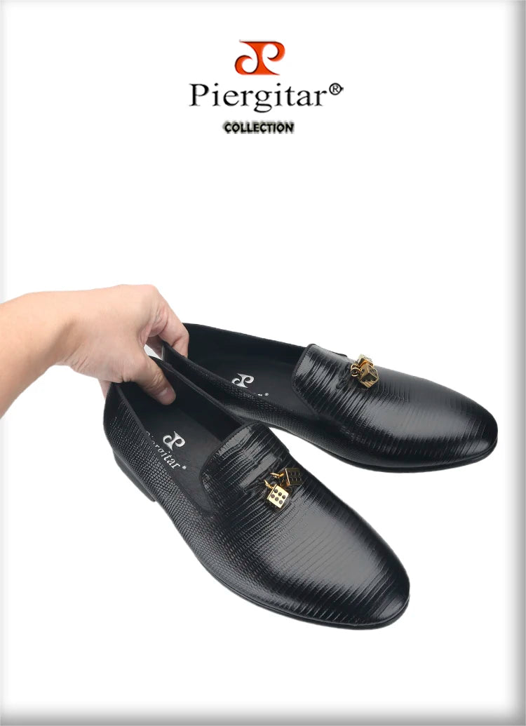 Piergitar Black Lizard Embossed Leather Men Loafers With Gold Titanium Steel Dice Buckle Tassels GZ Same Design Slip-On Moccasin