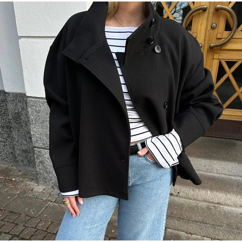 Stand Collar Women Winter Woolen Coats 2025 Spring Single Breasted Loose Female Long Sleeve Jacket Office Lady Street Short Coat