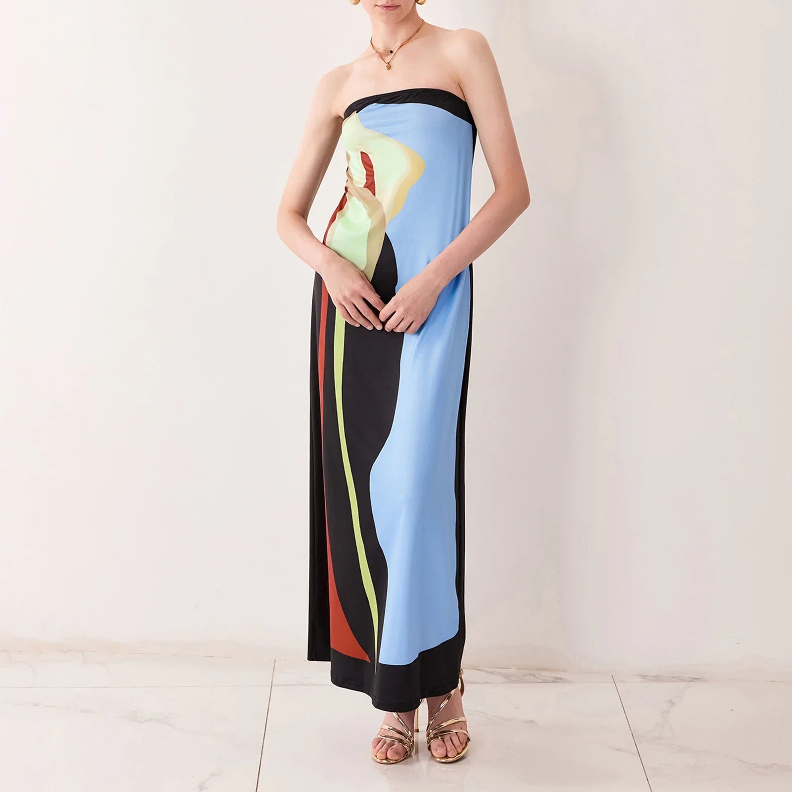 Tube Bodycon Dress Women Elegant Avocado Print Strapless Elegant Maxi Dress Sleeveless Holiday Robes Summer Chic Long Dress