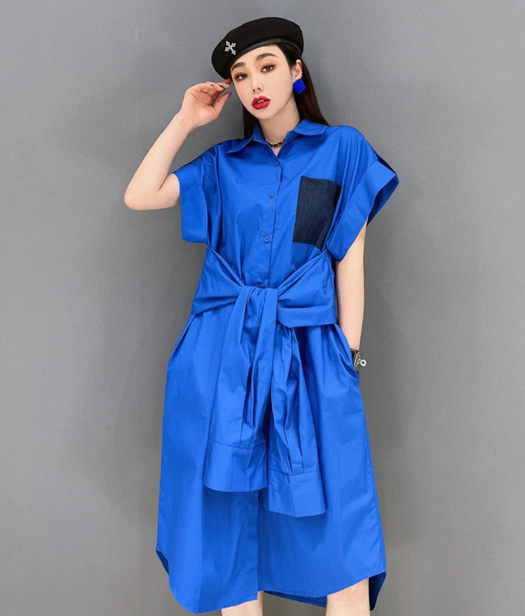 Extra Sleeves Decorated New 2025 Summer Korean Style Woman Purple Shirt Dress Loose Fit Chic Unique Big Size Casual Robe JKXD005