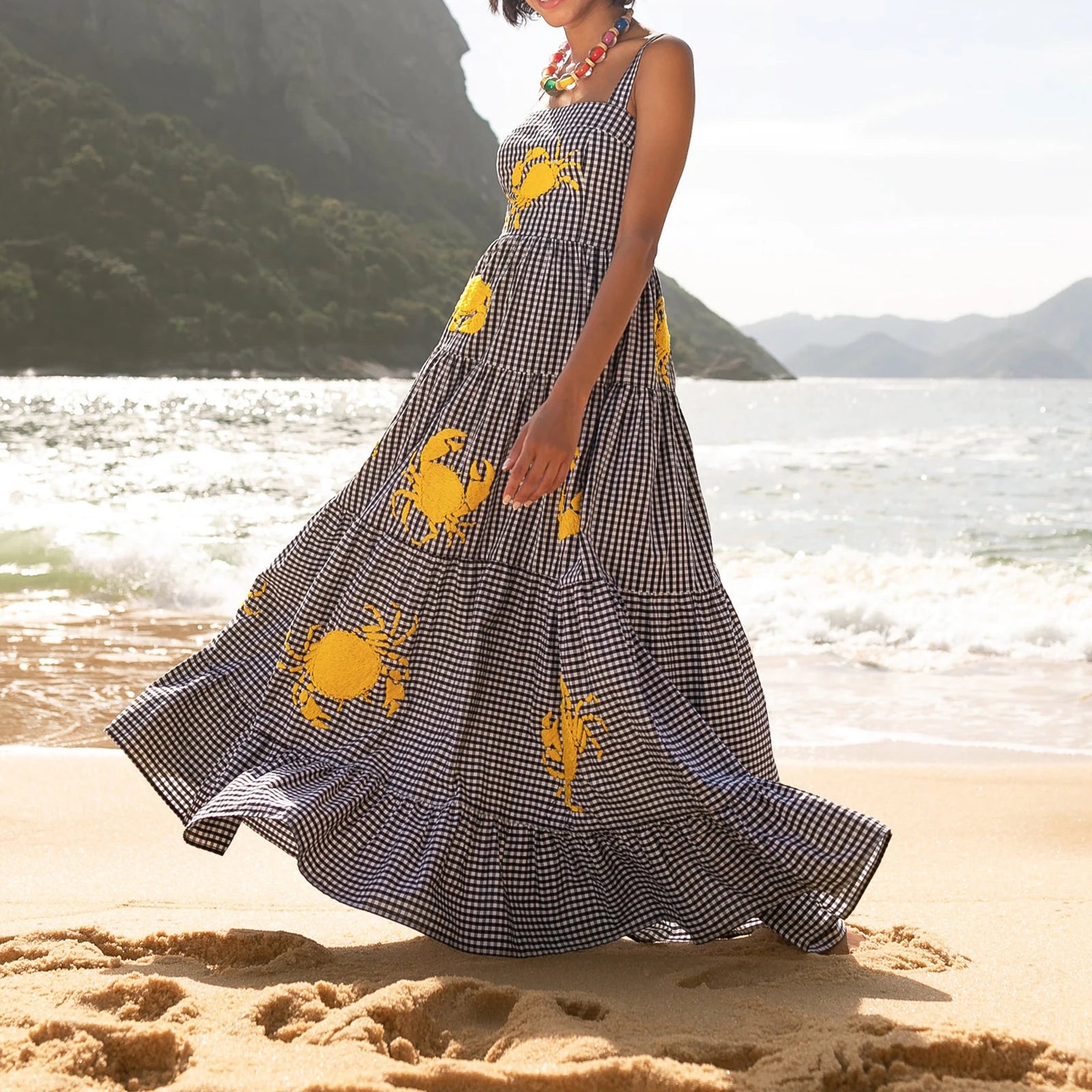 Imcute Women Cute Embroidered Maxi Dress Beach Dress Summer Boho Ruffle Long Dress Spaghetti Strap Flowy Maxi Dress