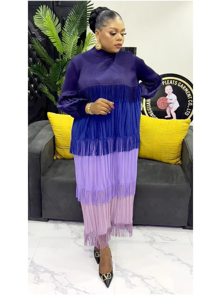 Women's Pleated Puff Sleeve Tassel Dress