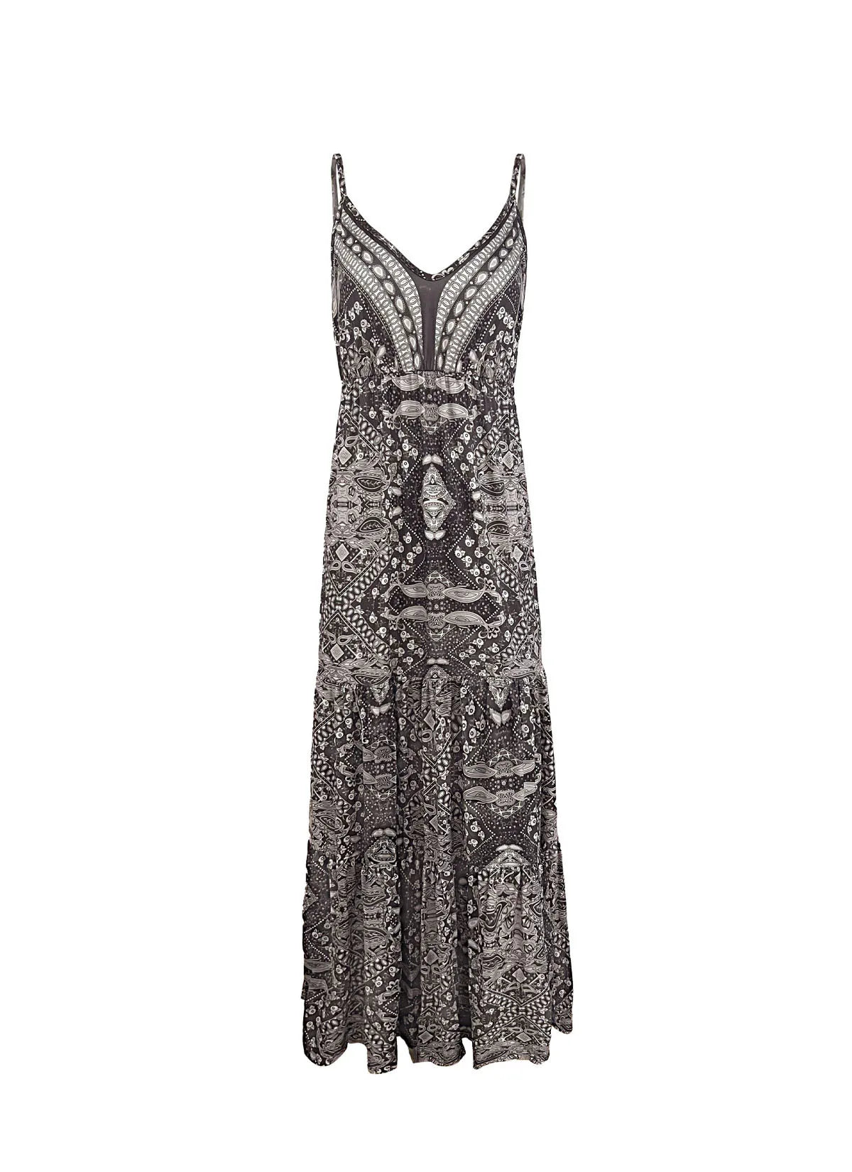 Bohemian Style Women's Clothing Long Dress New Suspender Long Dress High Waist V-neck Printed Floral Dress Women's Clothing