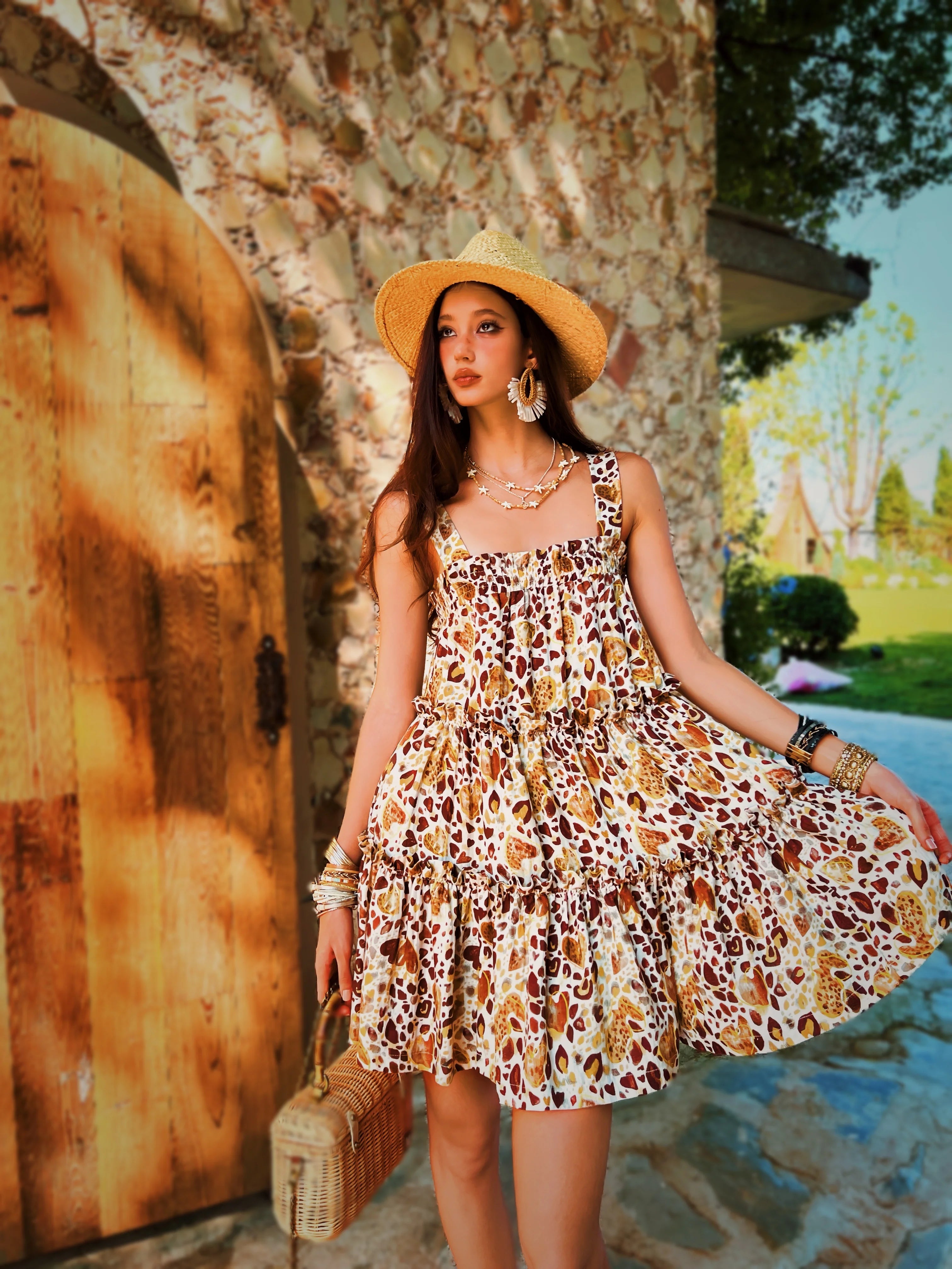 Summer Print Spaghetti Strap Dress Women's Dress Backless Long Camisole Dress Knee-Length Skirt Y2K 2025 New DABUWAWA DM2BDR002