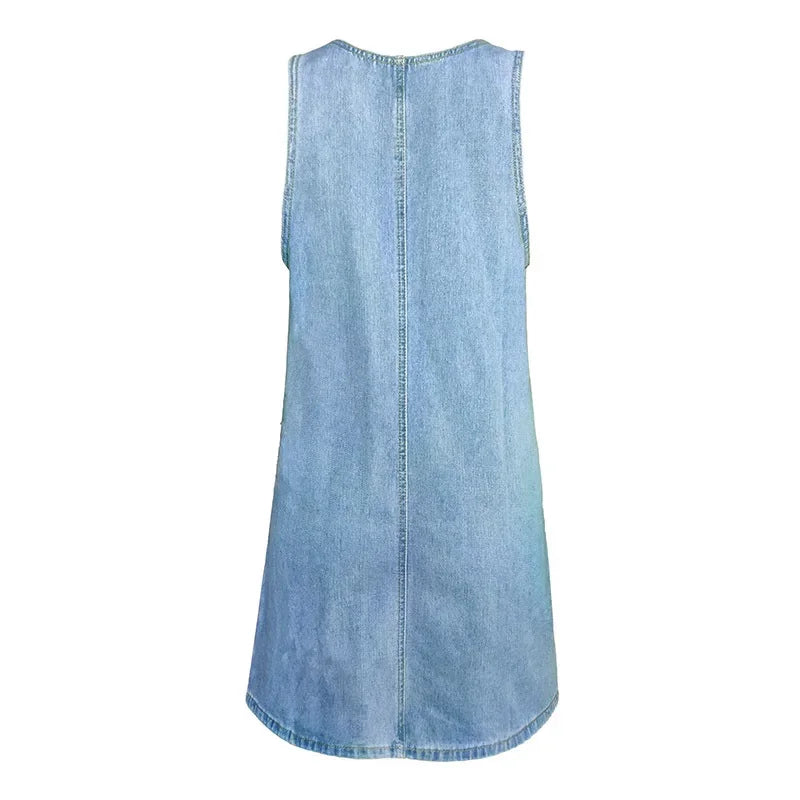 Women's Denim Dress Sexy Cool Strap Mini Dress Solid Color Sleeveless Pockets High Waist
