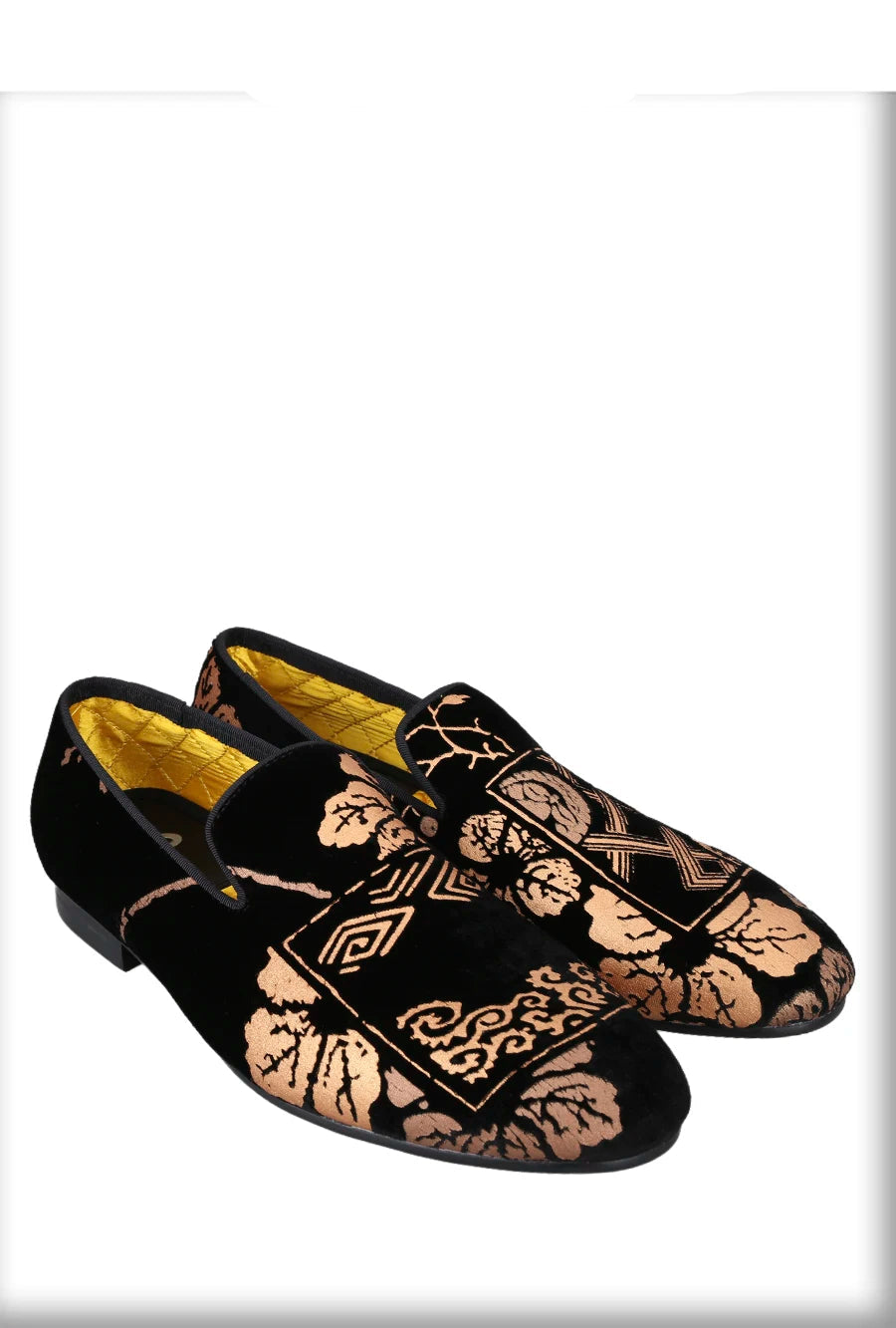 Customized Chinese style slip-on smoking shoes with gold totem print on black velvet.
