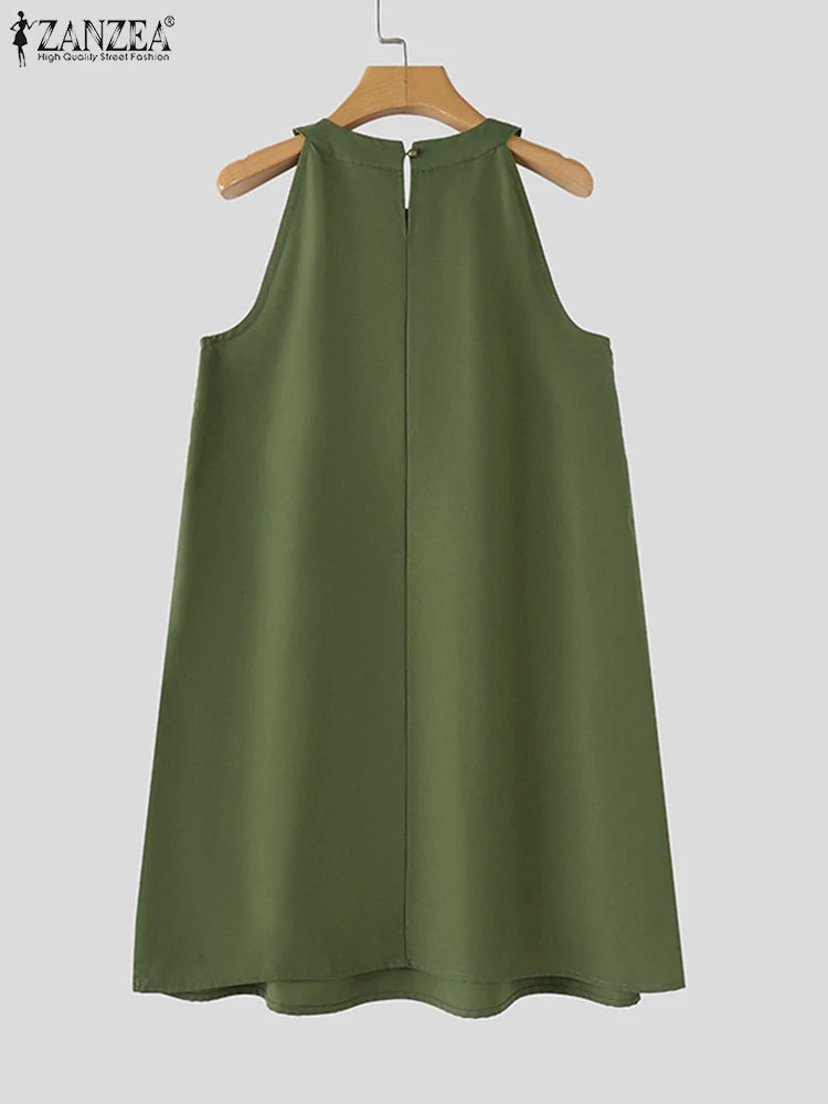 ZANZEA Summer Halter Sleeveless Tiered Dress Women Korean Ruffle Patchwork Robe 2024 Beach O-neck Loose Sundress Sweety Vestidos