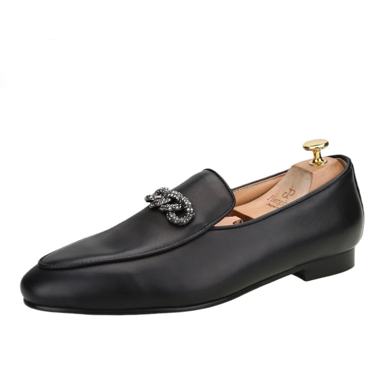 New Style Men's Loafers with Rhinestone Buckles for Weddings and Parties Handmade Genuine Leather Smoking Shoes