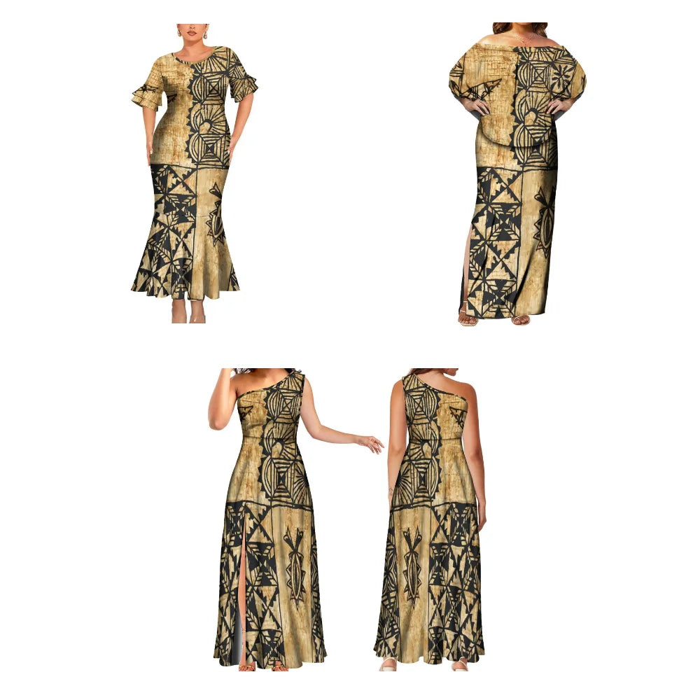 Tribal Peoples Polynesian Custom Couple Banquet Dress Women'S Elegant Dress Men'S Fashion Shirt Samoa Club Women'S Long Dress