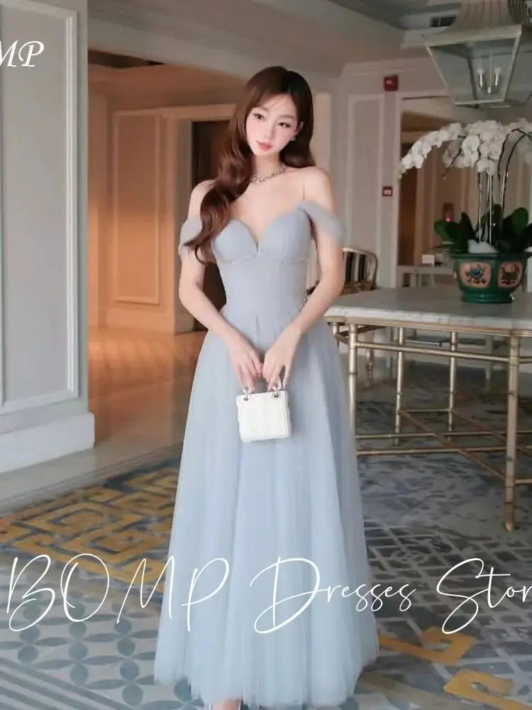 BOMP Princess Grey Korea Wedding Party Dress Sweetheart Off Shoulder Draped Tulle Special Occasion Birthday Gown Customized