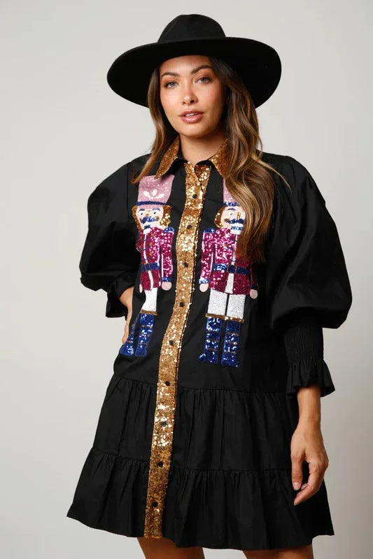 Women Long Sleeve Sequin Shirt Dress