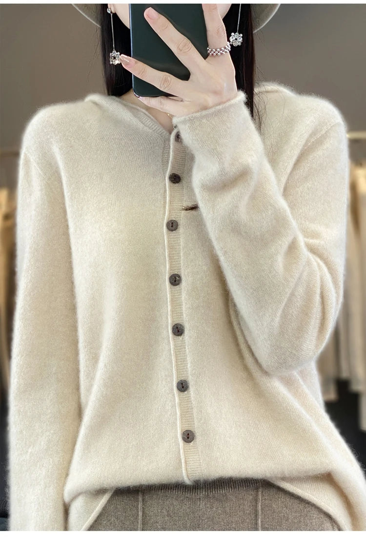 First Line 100% Merino Wool Knitted Cardigan Women's Autumn And Winter Hoodie Loose Sweater Fashionable Versatile Coat Top YC014