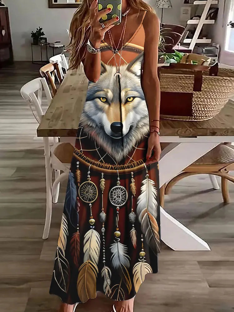 Women's Long Spaghetti Strap Tribal Pattern Dress
