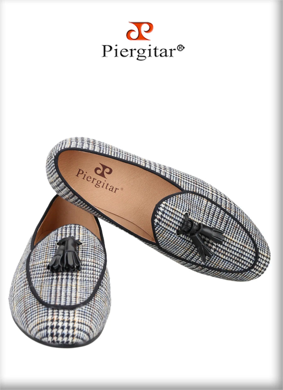 Piergitar Gray Color Gingham Cotton Men's Loafers With Leather Tassels Fashion Party Handmade Smoking Slippers Slip-On Flats