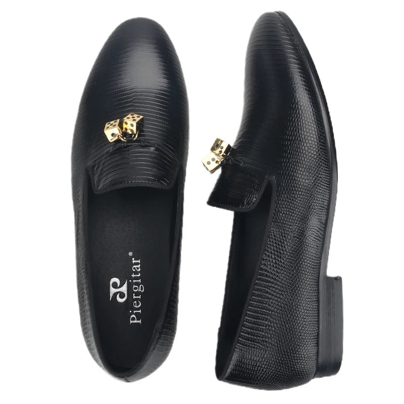 Piergitar Black Lizard Embossed Leather Men Loafers With Gold Titanium Steel Dice Buckle Tassels GZ Same Design Slip-On Moccasin