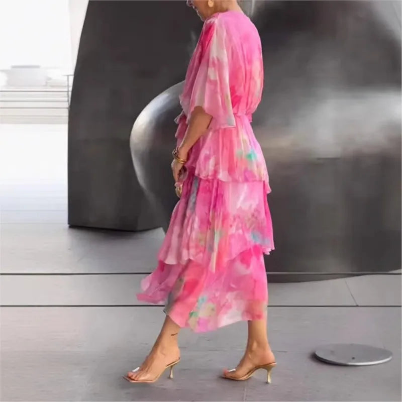 2025 Summer New Elegant Women's Chiffon Dress Fashionable Printed V-neck Short-sleeved Layered Ruffle Loose Lace-up Long Skirt