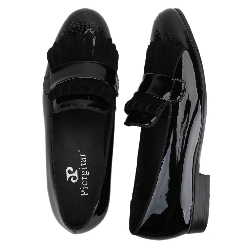 Piergitar New Style Handmade Patent Leather Shoes With Classical Brogue Printing And Suede Fringe Party/Wedding Men's Loafers