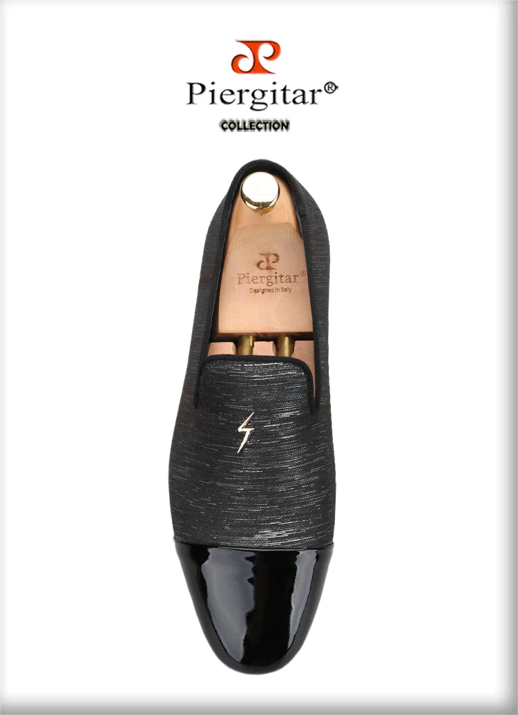 Piergitar 2023 New Three Colors Striped Silk Men's Loafers With Front Patent Leather Handmade Moccasins For Party And Banquet