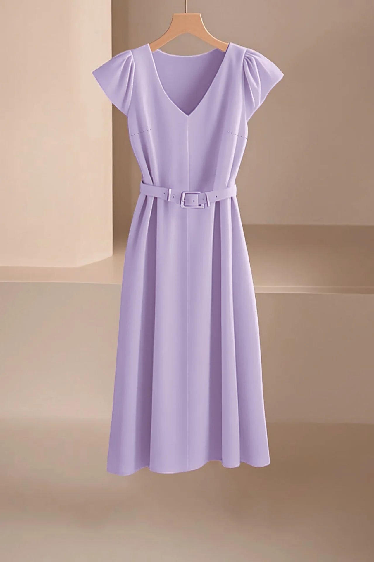 2024 Spring Summer Women's V-Neck Midi Dress Soft Stretch Office Casual Chic Solid Color No Belt Included