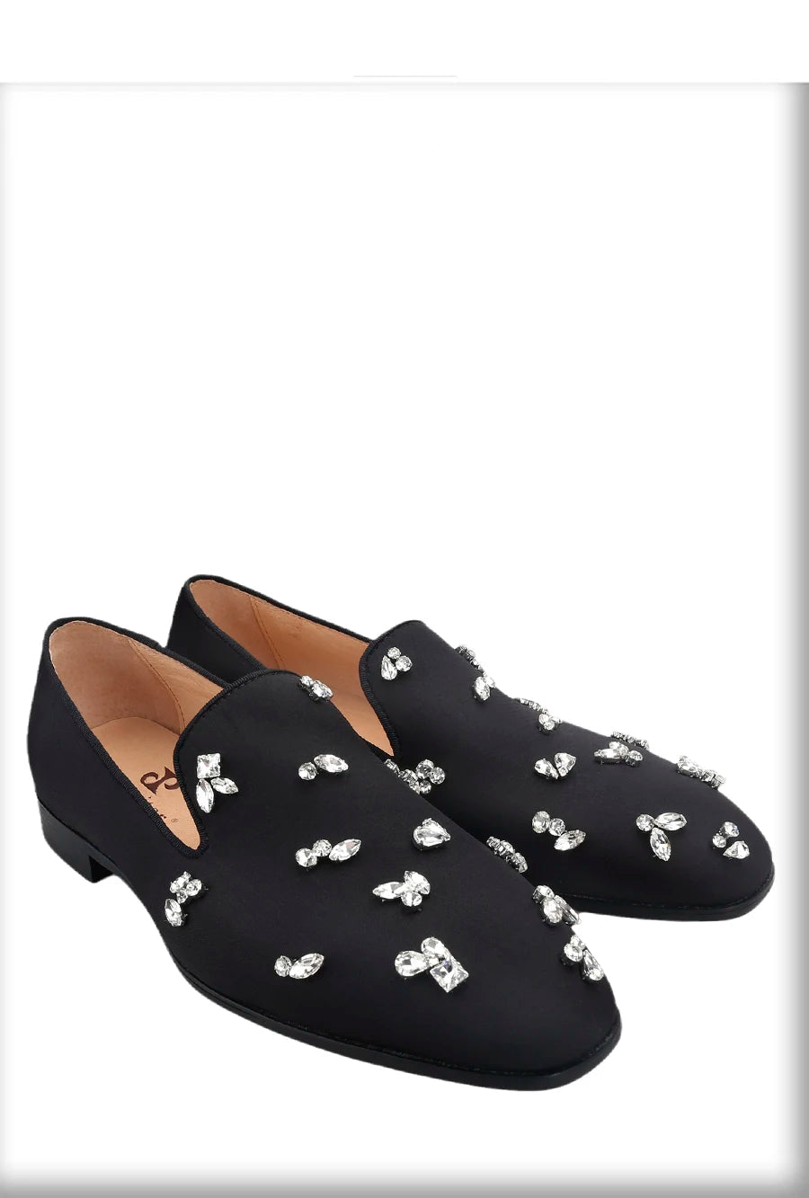The same design red outsole moccasins with a smooth black crepe satin men's loafer.