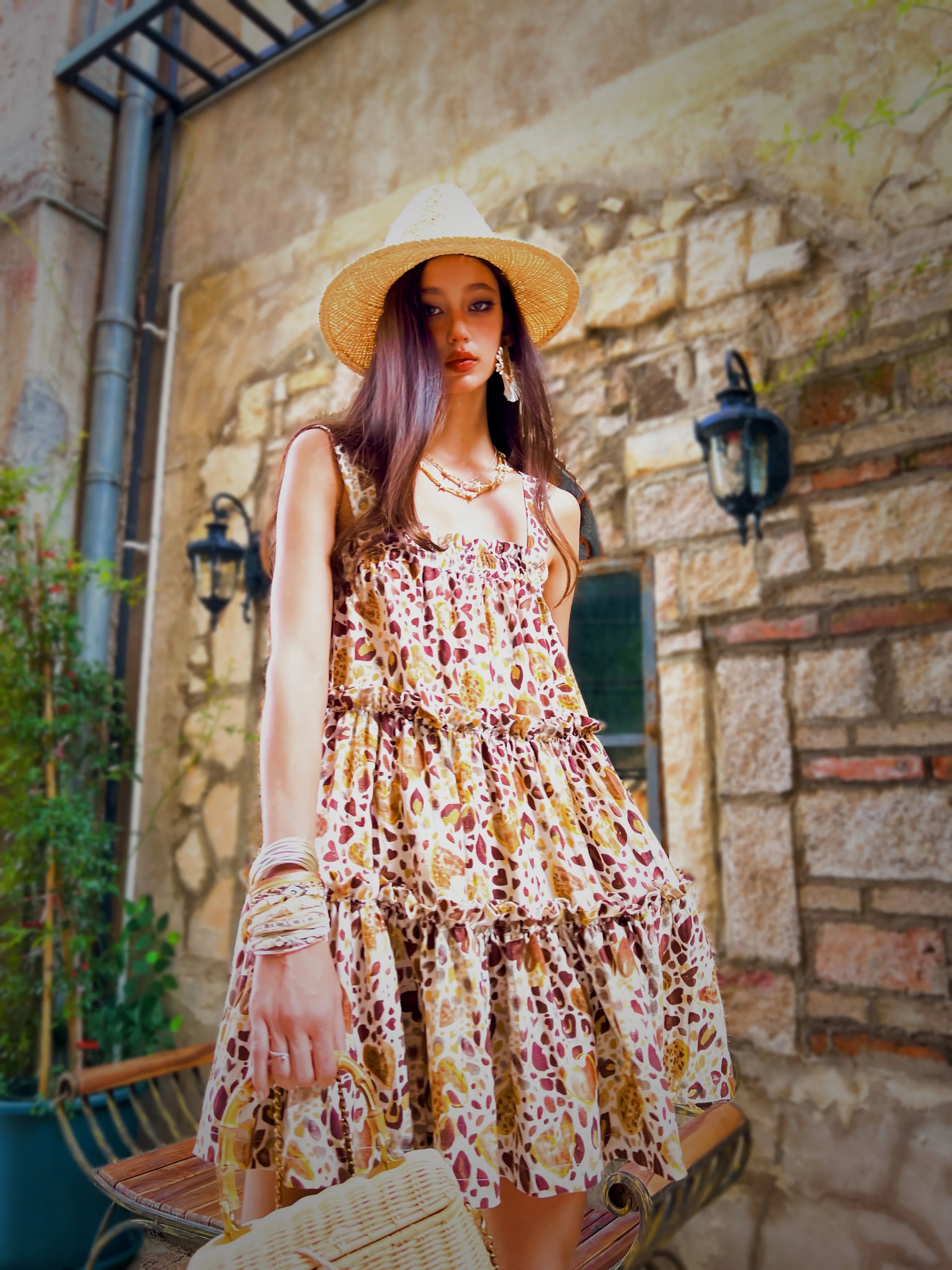 Summer Print Spaghetti Strap Dress Women's Dress Backless Long Camisole Dress Knee-Length Skirt Y2K 2025 New DABUWAWA DM2BDR002