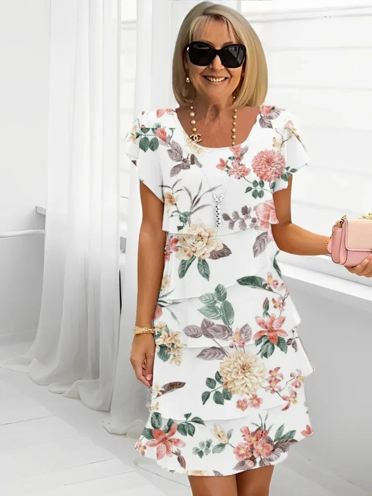2025 Spring Chic Floral Print Chiffon Dress Woman Elegant Crew Neck Tierred Pleated Dress Summer Short Sleeve A-Line Party Dress