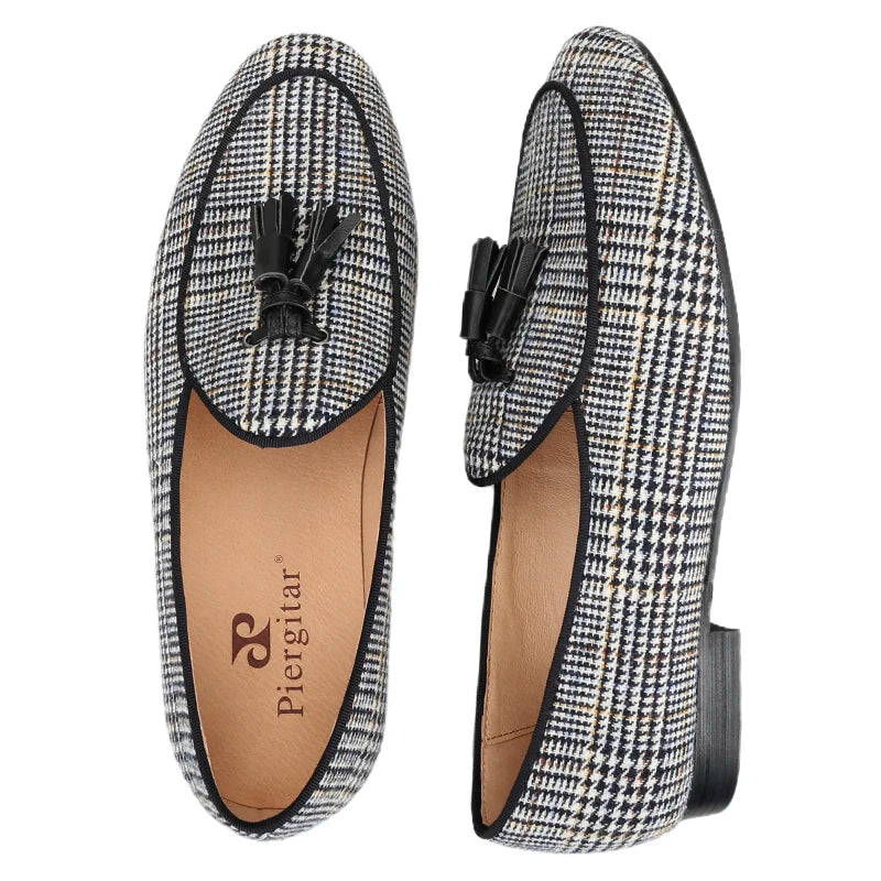 Piergitar Gray Color Gingham Cotton Men's Loafers With Leather Tassels Fashion Party Handmade Smoking Slippers Slip-On Flats