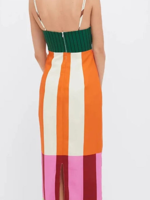 Women's Long Striped Colorful Spaghetti Strap Maxi Dress